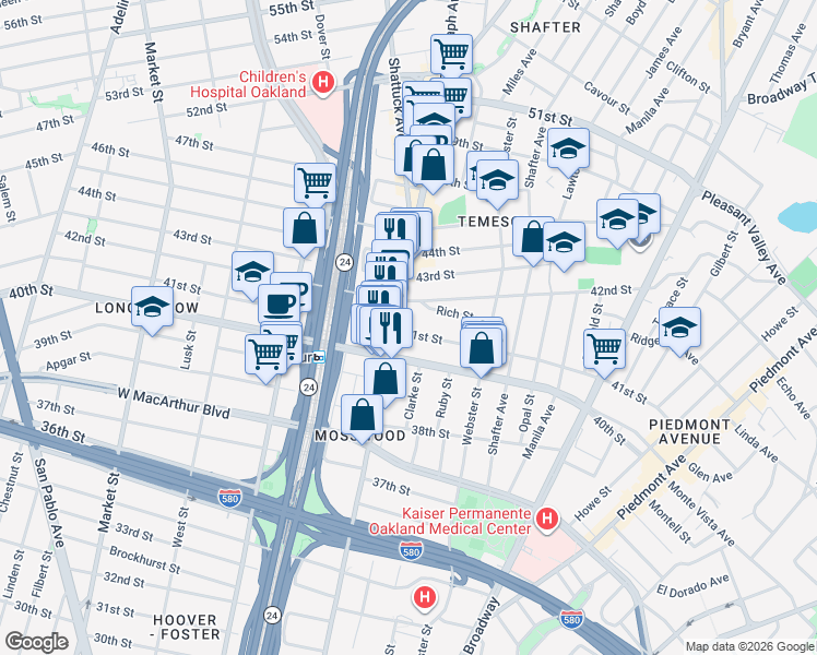map of restaurants, bars, coffee shops, grocery stores, and more near in Oakland