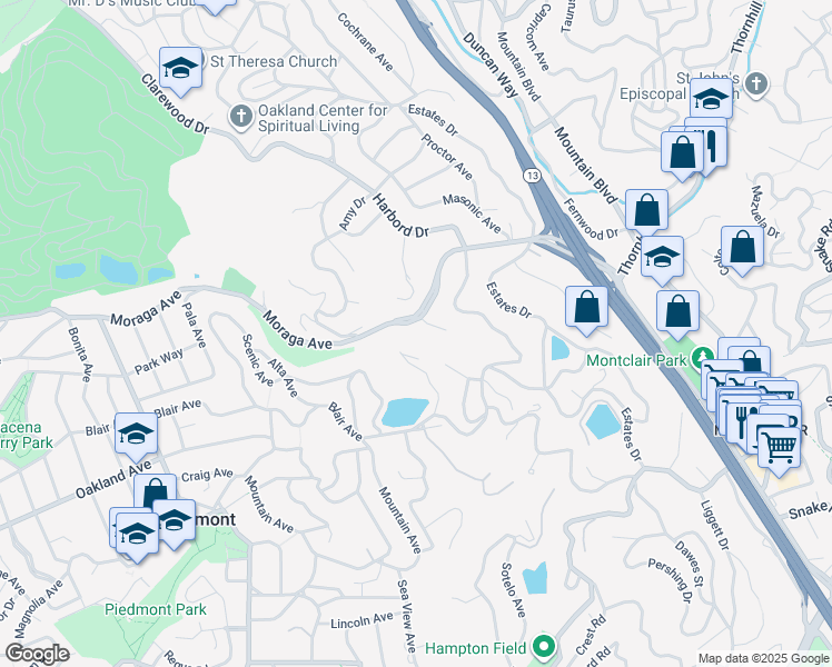 map of restaurants, bars, coffee shops, grocery stores, and more near 5555 Moraga Avenue in Piedmont