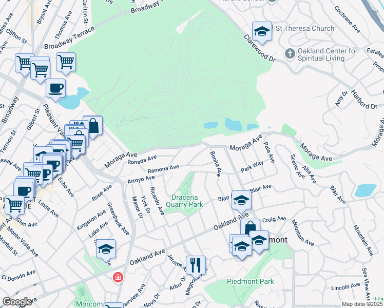 map of restaurants, bars, coffee shops, grocery stores, and more near 23 Estrella Avenue in Piedmont