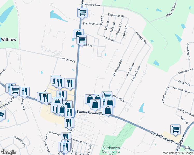 map of restaurants, bars, coffee shops, grocery stores, and more near 998 Woods Run Road in Bardstown