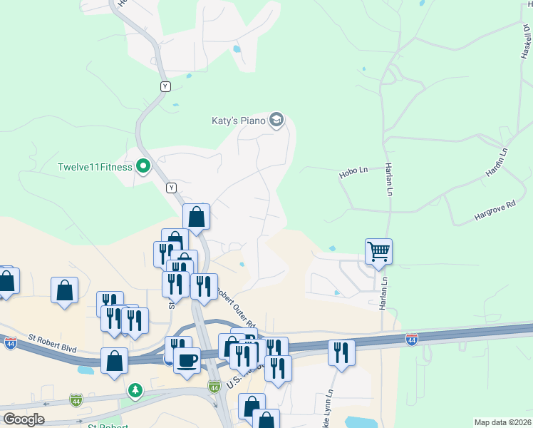 map of restaurants, bars, coffee shops, grocery stores, and more near 101 Sandstone Drive in Saint Robert