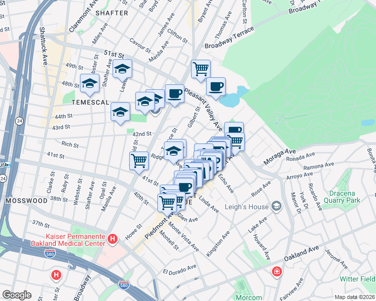 map of restaurants, bars, coffee shops, grocery stores, and more near 4237 Montgomery Street in Oakland