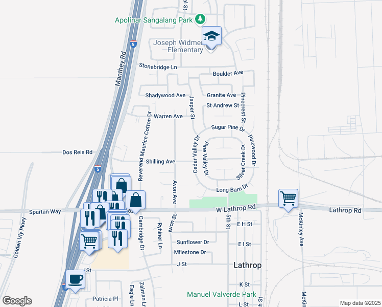 map of restaurants, bars, coffee shops, grocery stores, and more near 14456 Cedar Valley Drive in Lathrop