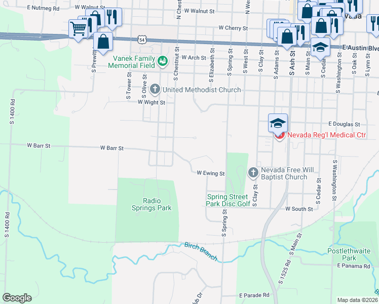 map of restaurants, bars, coffee shops, grocery stores, and more near 801 Tanglewood Lane in Nevada
