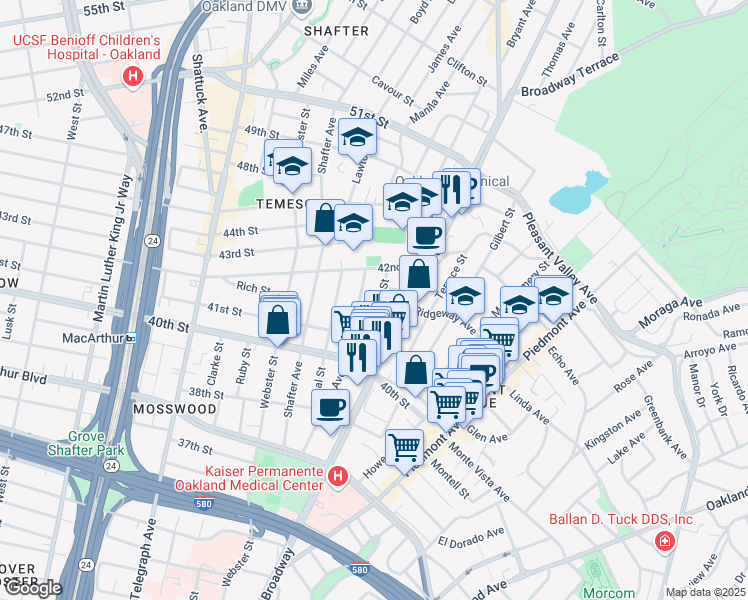 map of restaurants, bars, coffee shops, grocery stores, and more near 4151 Emerald Street in Oakland