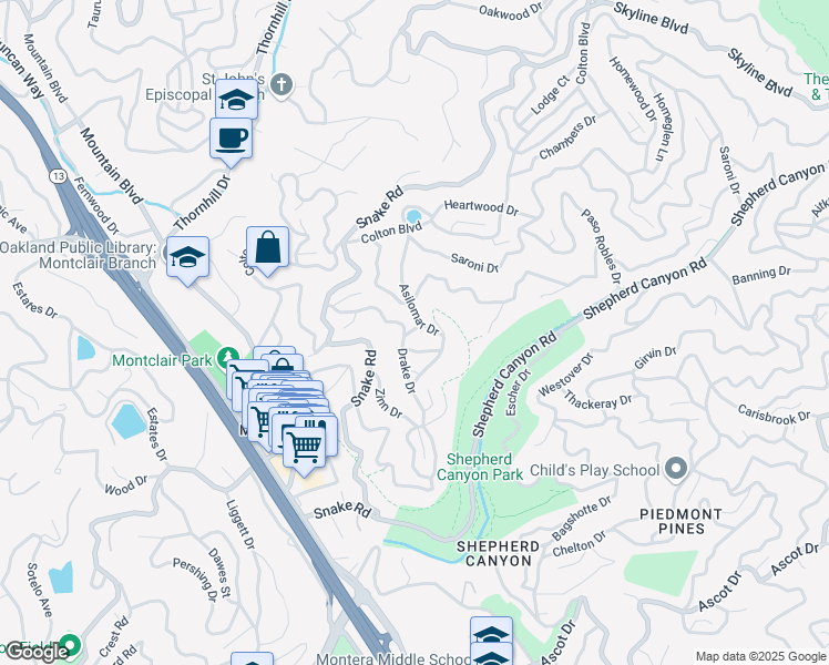 map of restaurants, bars, coffee shops, grocery stores, and more near 8 Aztec Way in Oakland