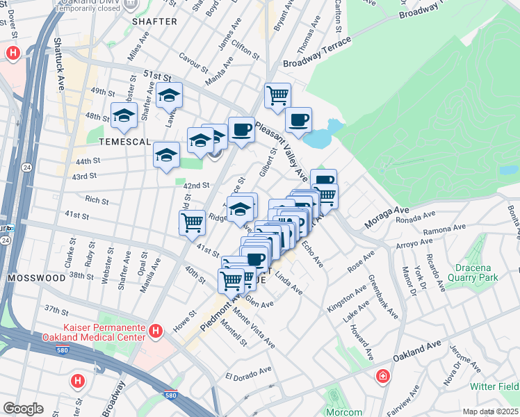 map of restaurants, bars, coffee shops, grocery stores, and more near 4237 Montgomery Street in Oakland