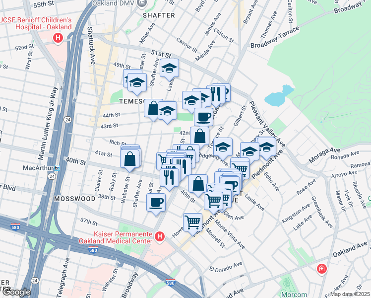 map of restaurants, bars, coffee shops, grocery stores, and more near 4160 Emerald Street in Oakland