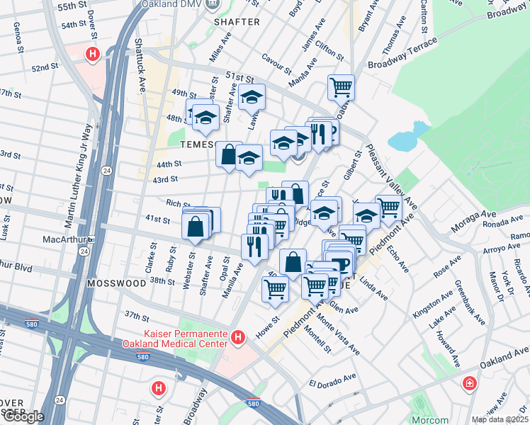 map of restaurants, bars, coffee shops, grocery stores, and more near 4160 Emerald Street in Oakland
