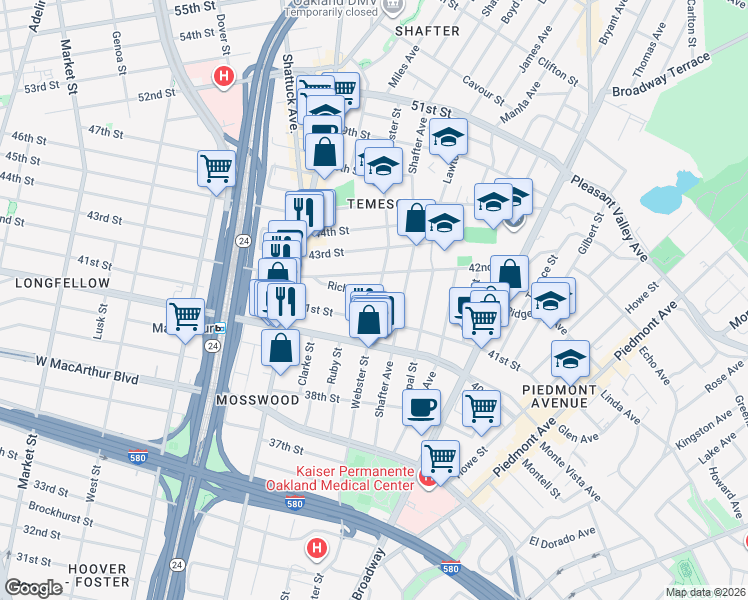 map of restaurants, bars, coffee shops, grocery stores, and more near 4117 Webster Street in Oakland