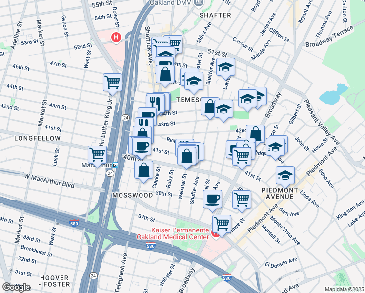 map of restaurants, bars, coffee shops, grocery stores, and more near 4117 Webster Street in Oakland