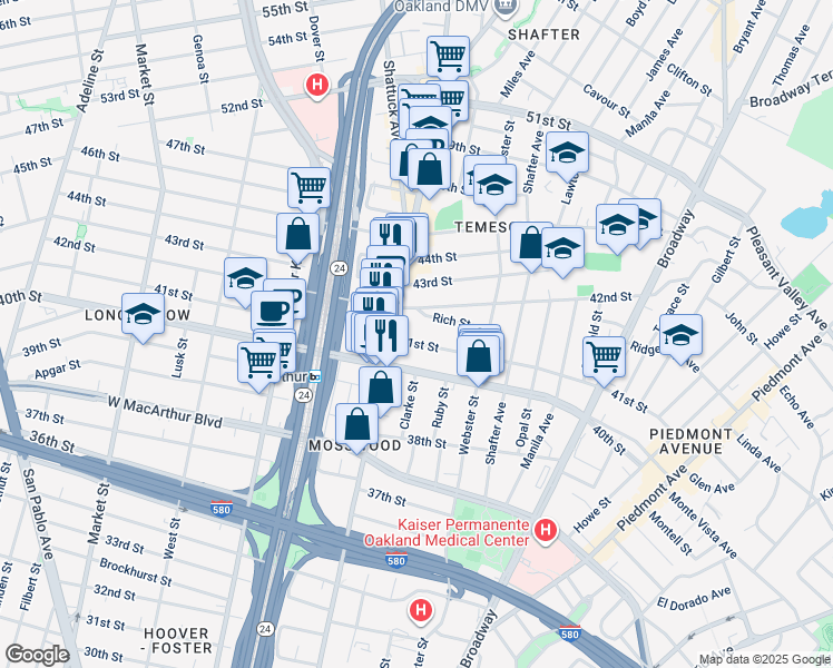 map of restaurants, bars, coffee shops, grocery stores, and more near in Oakland