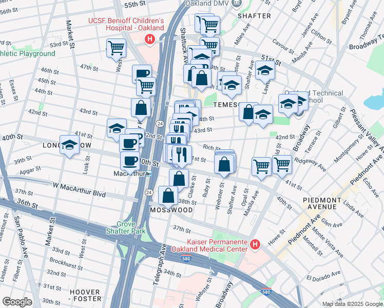 map of restaurants, bars, coffee shops, grocery stores, and more near in Oakland