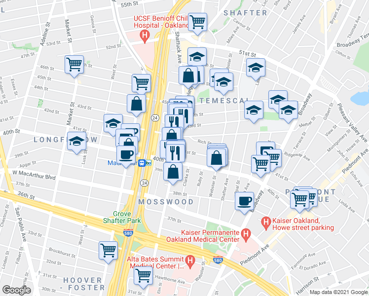 map of restaurants, bars, coffee shops, grocery stores, and more near in Oakland