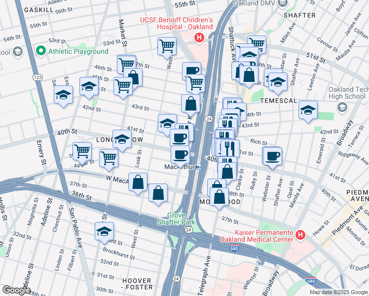 map of restaurants, bars, coffee shops, grocery stores, and more near 644 40th Street in Oakland