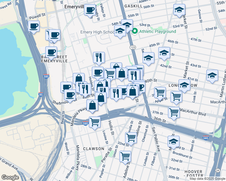 map of restaurants, bars, coffee shops, grocery stores, and more near 1325 40th Street in Emeryville