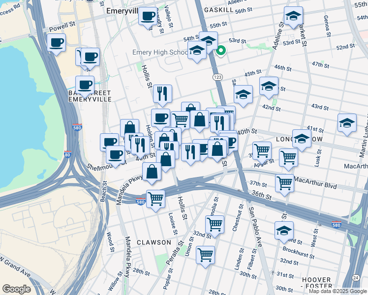 map of restaurants, bars, coffee shops, grocery stores, and more near 1325 40th Street in Emeryville