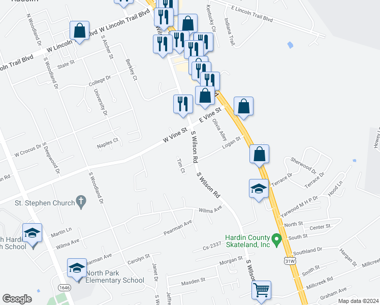 map of restaurants, bars, coffee shops, grocery stores, and more near 815 South Wilson Road in Radcliff
