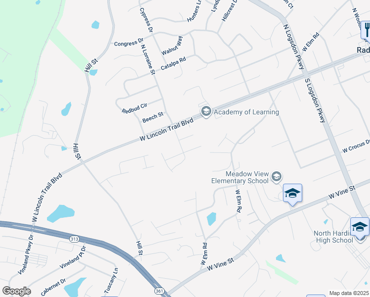map of restaurants, bars, coffee shops, grocery stores, and more near 112 Ash Court in Radcliff