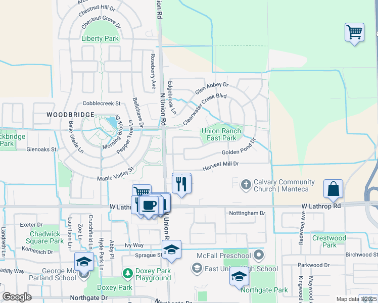 map of restaurants, bars, coffee shops, grocery stores, and more near 2309 Maple Chase Way in Manteca