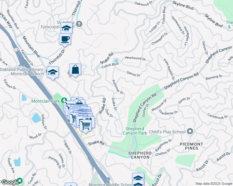 map of restaurants, bars, coffee shops, grocery stores, and more near 8 Aztec Way in Oakland
