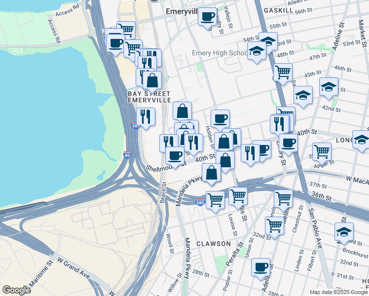 map of restaurants, bars, coffee shops, grocery stores, and more near 1501 Park Avenue in Emeryville