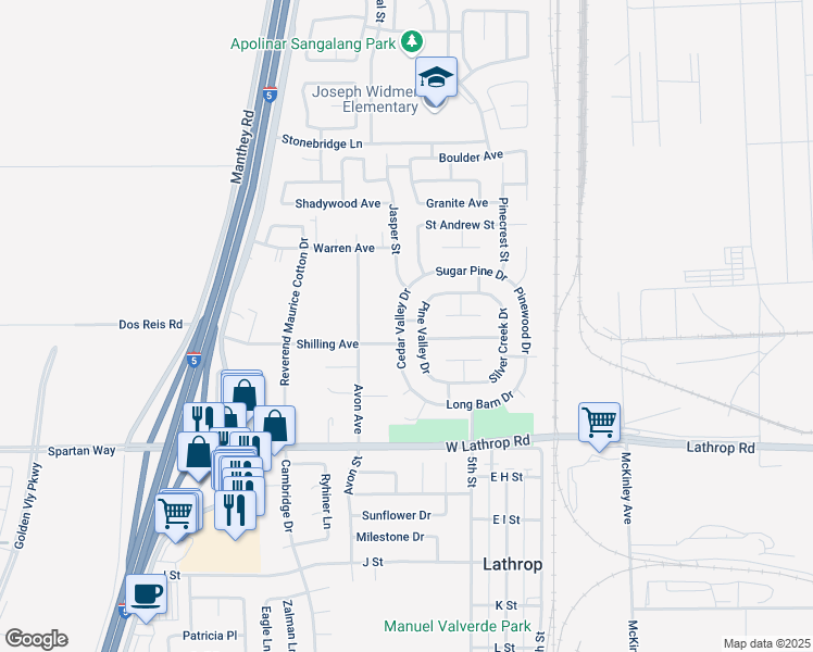 map of restaurants, bars, coffee shops, grocery stores, and more near 14456 Cedar Valley Drive in Lathrop