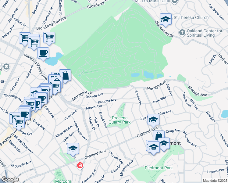 map of restaurants, bars, coffee shops, grocery stores, and more near 133 Monticello Avenue in Piedmont