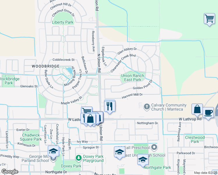 map of restaurants, bars, coffee shops, grocery stores, and more near 2309 Maple Chase Way in Manteca