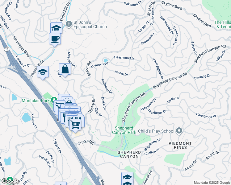 map of restaurants, bars, coffee shops, grocery stores, and more near 6425 Zinn Drive in Oakland