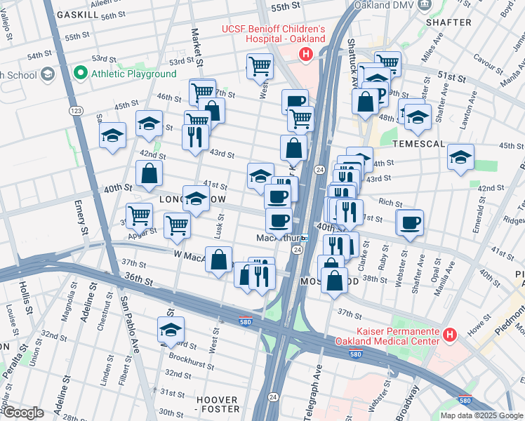 map of restaurants, bars, coffee shops, grocery stores, and more near 710 40th St in Oakland