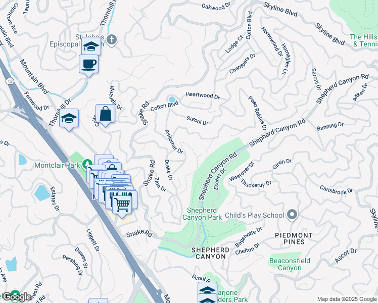 map of restaurants, bars, coffee shops, grocery stores, and more near 6425 Zinn Drive in Oakland