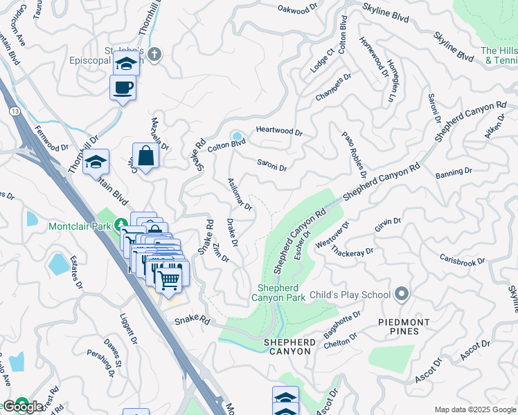 map of restaurants, bars, coffee shops, grocery stores, and more near 6425 Zinn Drive in Oakland