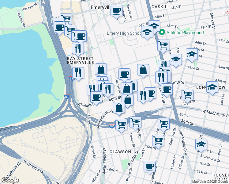 map of restaurants, bars, coffee shops, grocery stores, and more near 4050 Horton Street in Emeryville