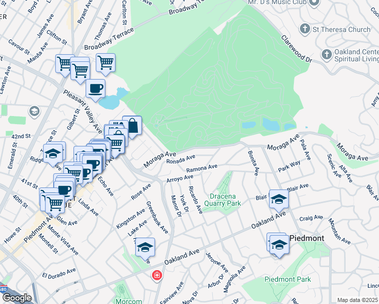 map of restaurants, bars, coffee shops, grocery stores, and more near 128 Moraga Avenue in Piedmont