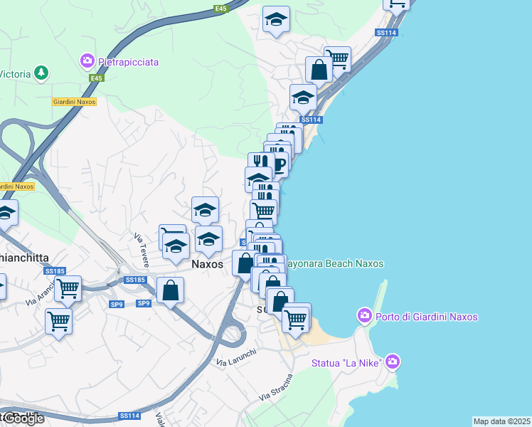 map of restaurants, bars, coffee shops, grocery stores, and more near 20 Via Naxos in Giardini Naxos