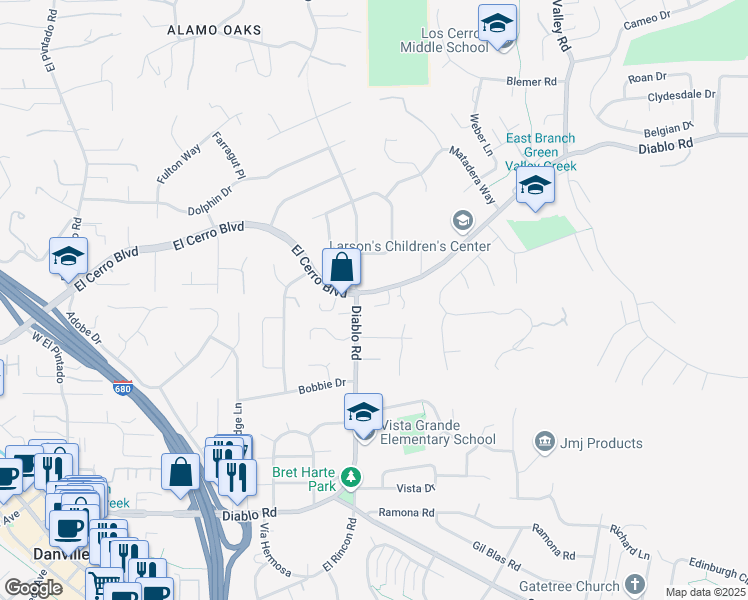 map of restaurants, bars, coffee shops, grocery stores, and more near 3 Tyler Court in Danville
