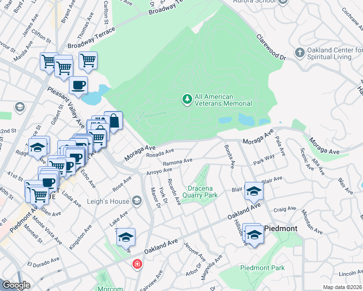 map of restaurants, bars, coffee shops, grocery stores, and more near 141 Ronada Avenue in Piedmont