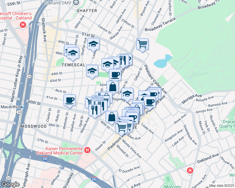 map of restaurants, bars, coffee shops, grocery stores, and more near in Oakland