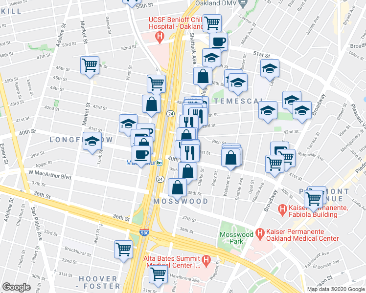 map of restaurants, bars, coffee shops, grocery stores, and more near 4013 Telegraph Avenue in Oakland