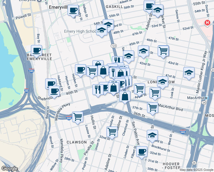 map of restaurants, bars, coffee shops, grocery stores, and more near 1199 40th Street in Emeryville