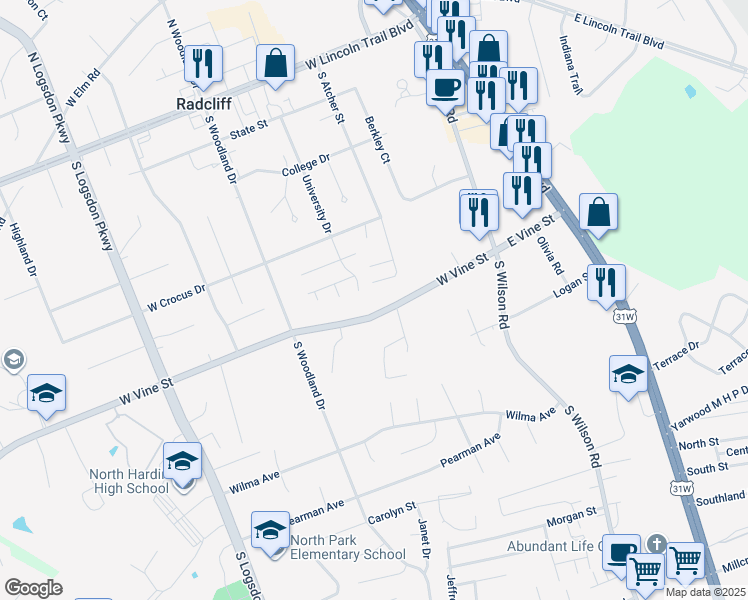 map of restaurants, bars, coffee shops, grocery stores, and more near 560 University Drive in Radcliff