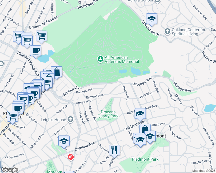 map of restaurants, bars, coffee shops, grocery stores, and more near 140 Monticello Avenue in Piedmont