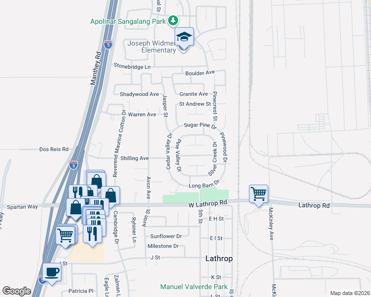 map of restaurants, bars, coffee shops, grocery stores, and more near 749 Prairie Dunes Drive in Lathrop