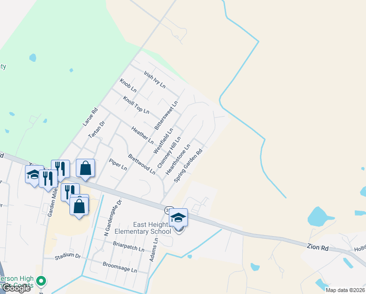 map of restaurants, bars, coffee shops, grocery stores, and more near 410 Chimney Hill Lane in Henderson