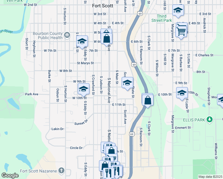 map of restaurants, bars, coffee shops, grocery stores, and more near 915 South National Avenue in Fort Scott