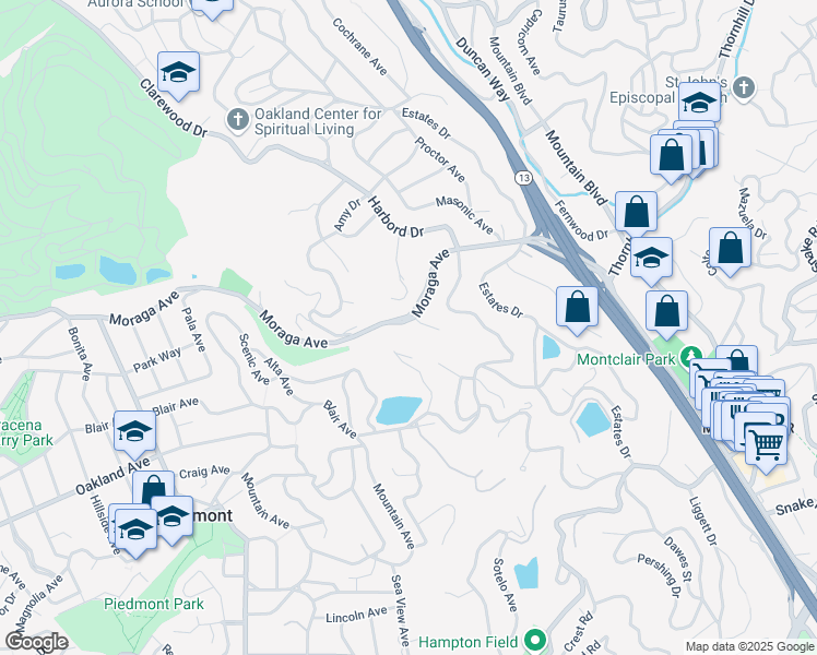map of restaurants, bars, coffee shops, grocery stores, and more near 5555 Moraga Avenue in Piedmont