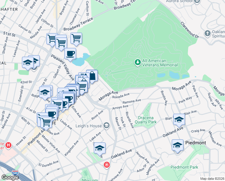 map of restaurants, bars, coffee shops, grocery stores, and more near 4509 Moraga Avenue in Piedmont