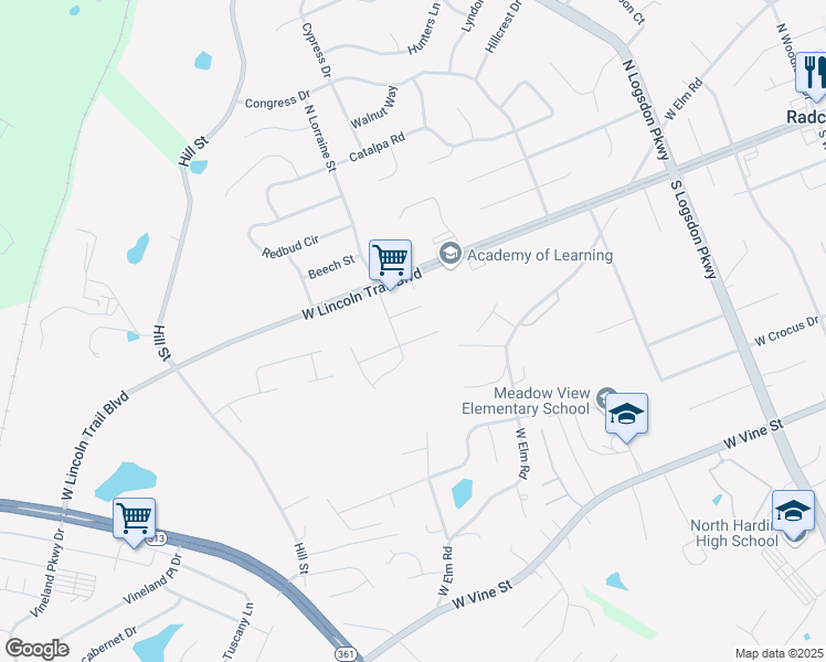 map of restaurants, bars, coffee shops, grocery stores, and more near 112 Ash Court in Radcliff