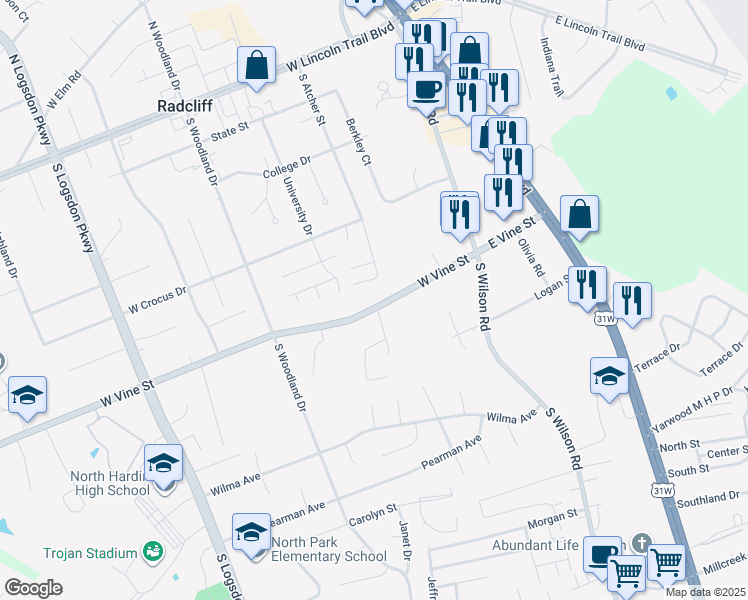map of restaurants, bars, coffee shops, grocery stores, and more near 383 West Vine Street in Radcliff